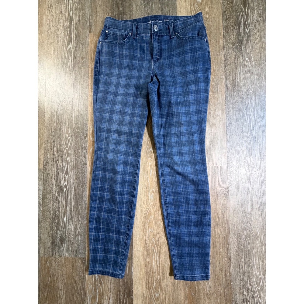 INC Skinny Leg Pants Womens 8 Blue Plaid Regular Fit Stretch Trousers